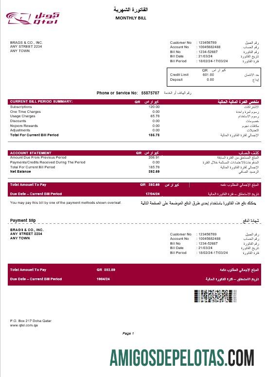 para download QATAR QTEL Business Utility Bill Word e modelo PDF